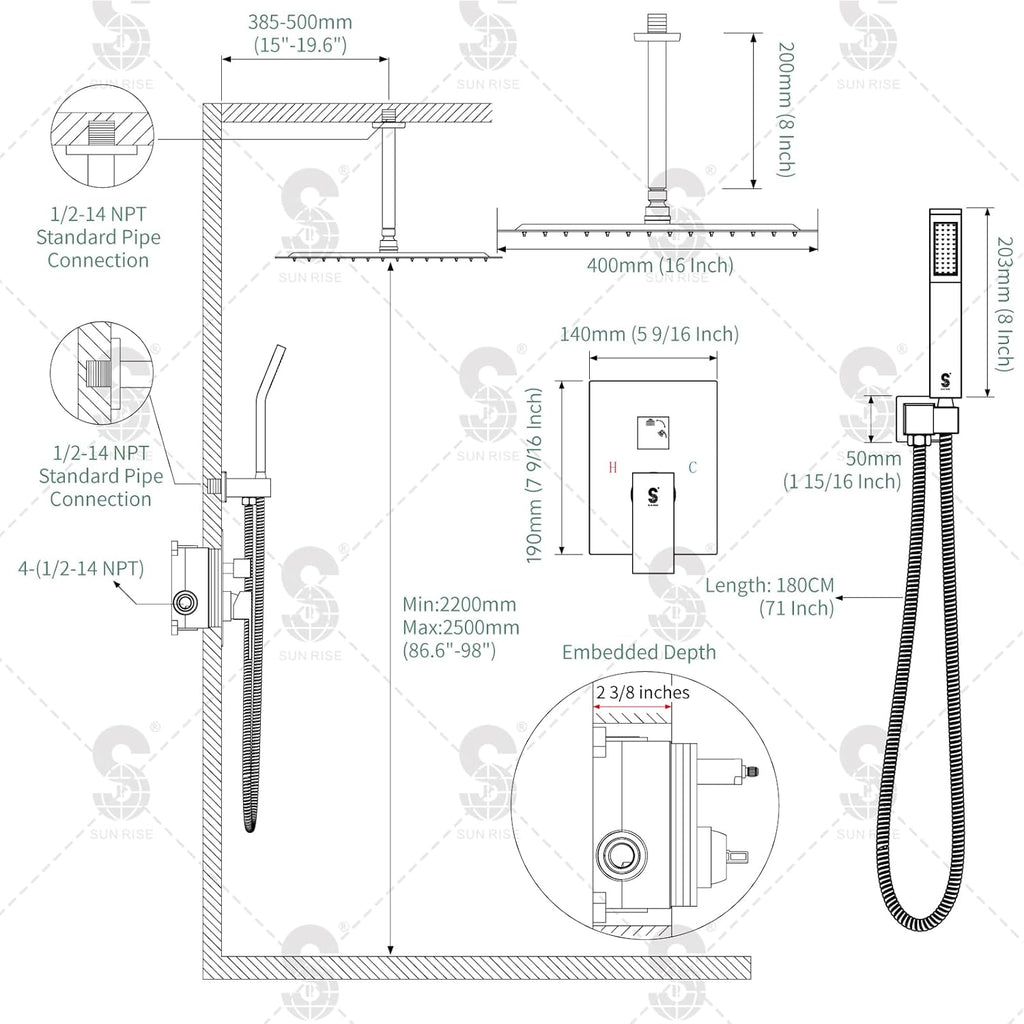 SR SUN RISE 16 Inches Matte Black Shower Set System Bathroom Luxury Rain Mixer Shower Combo Set Ceiling Mounted Rainfall Shower Head Faucet (Contain Shower Faucet Rough-In Valve Body and Trim)