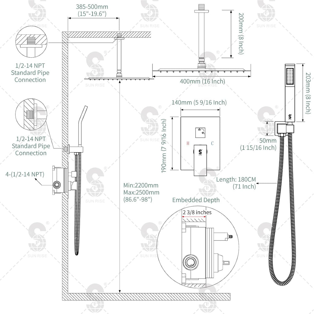 SR SUN RISE 16 Inches Oil Rubbed Bronze Shower Faucets Sets Complete Bathroom Rain Mixer Shower System Ceiling Mounted Rainfall Shower Head System (Contain Shower Faucet Rough-In Valve Body and Trim)