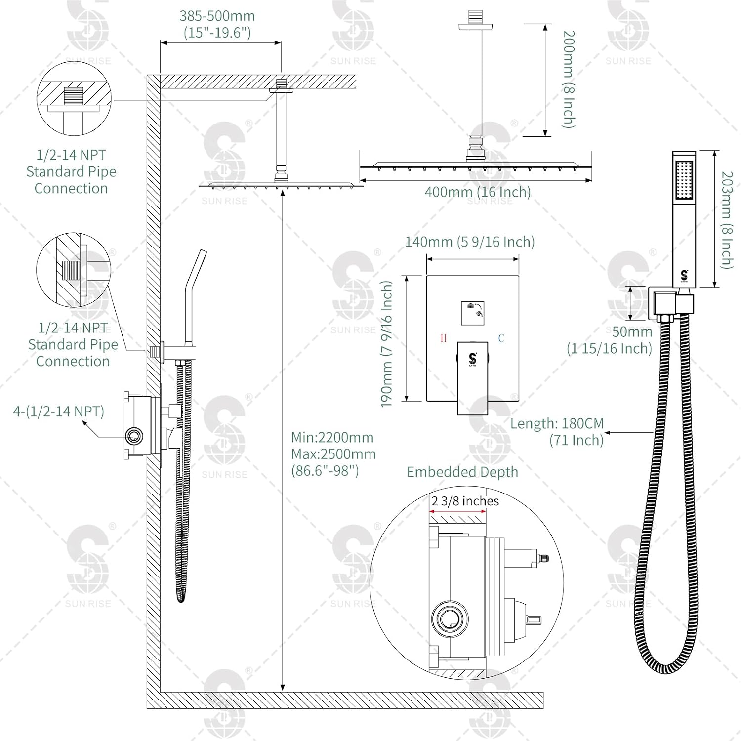 SR SUN RISE 16 Inches Polished Chrome Shower Faucet System Bathroom Luxury Rain Mixer Shower Faucet Set Ceiling Mounted Rainfall Shower Head Set (Contain Shower Faucet Rough-In Valve Body and Trim)