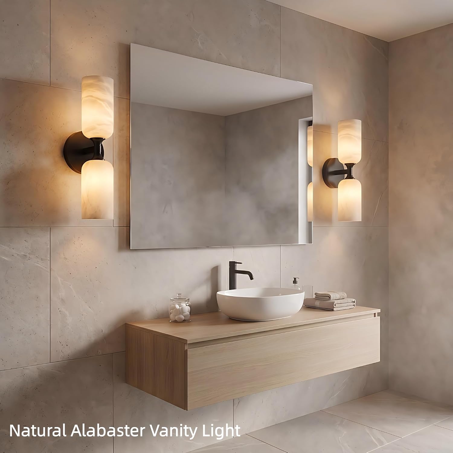14in Modern Spanish Natural Marble Bathroom Vanity Sconces, Alabaster Wall Sconces Set of Two, Black Alabaster Sconce Wall Lighting, Black Wall Light Fixtures Decor