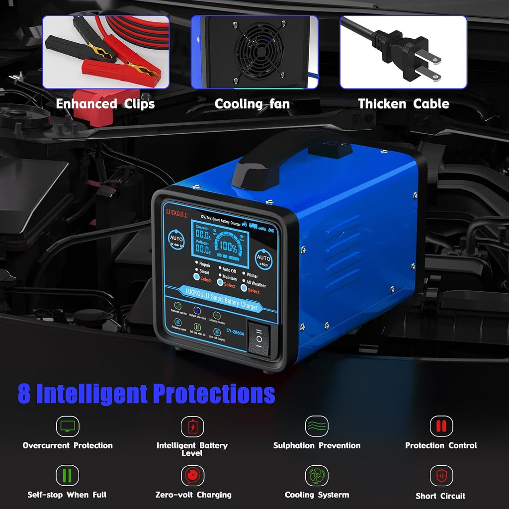 12V/24V Car Battery Chargers Heavy Duty, 15A Automatic Battery Maintainer with Auto Shutoffs, Repair, Winter Mode, High/Low Power Smart Trickle Charger and Desulfator,for Boat,Motorcycle