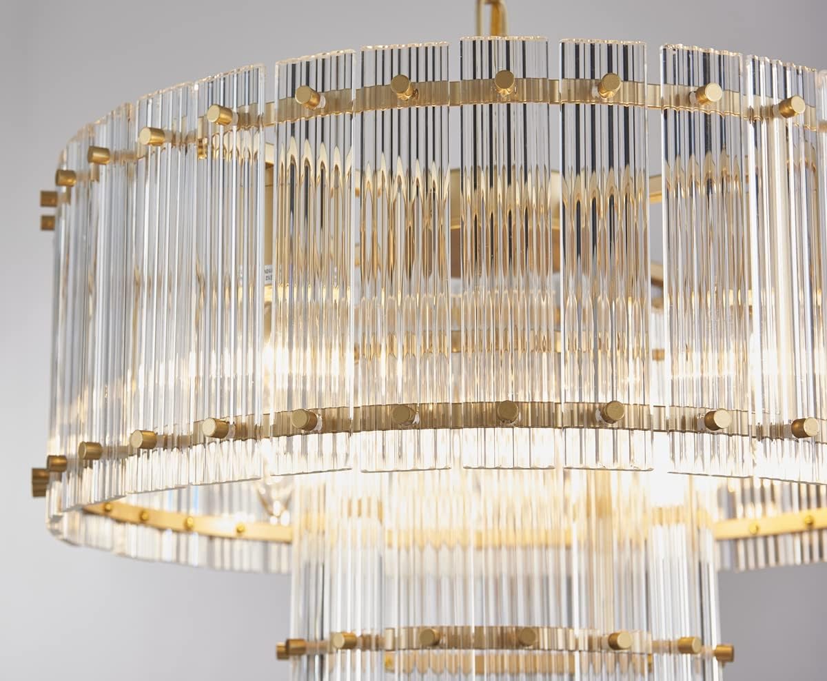 Saint Mossi Drum Glass Chandelier for Dining Room, 7 Light Gold Pendant Chandelier Light Fixture, Doule Layer Design, D18 x H10, Adjustable 59' Chains, Ripple Glass Shade & Gold Finish Metal Frame