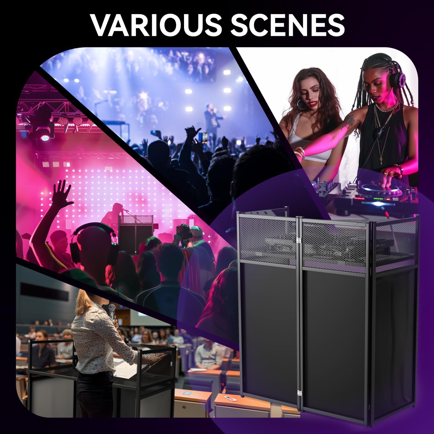 Portable DJ Booth Table,Foldable DJ Table Stand with White & Black Scrim,Adjustable D J Facade Station Triangle Plate Metal Frame with Cable Hole for Private Events, Clubs, Bars