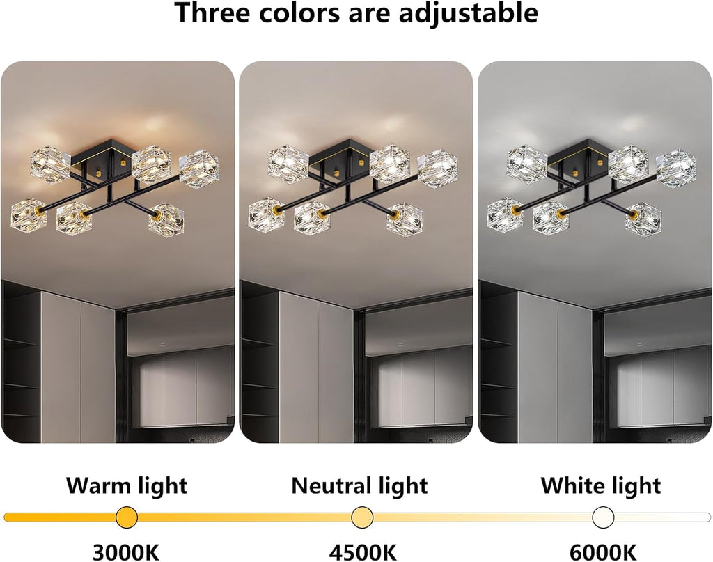 Semi Flush Mount Ceiling Light Fixture,6-Light Modern Crystal Chandeliers,Black and Gold Farmhouse Lighting Fixtures for Dining Room Living Room Kitchen Bedroom Entryway