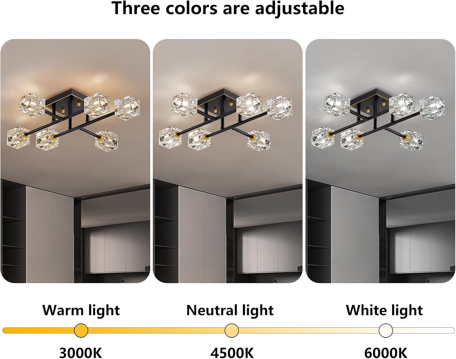 Semi Flush Mount Ceiling Light Fixture,6-Light Modern Crystal Chandeliers,Black and Gold Farmhouse Lighting Fixtures for Dining Room Living Room Kitchen Bedroom Entryway