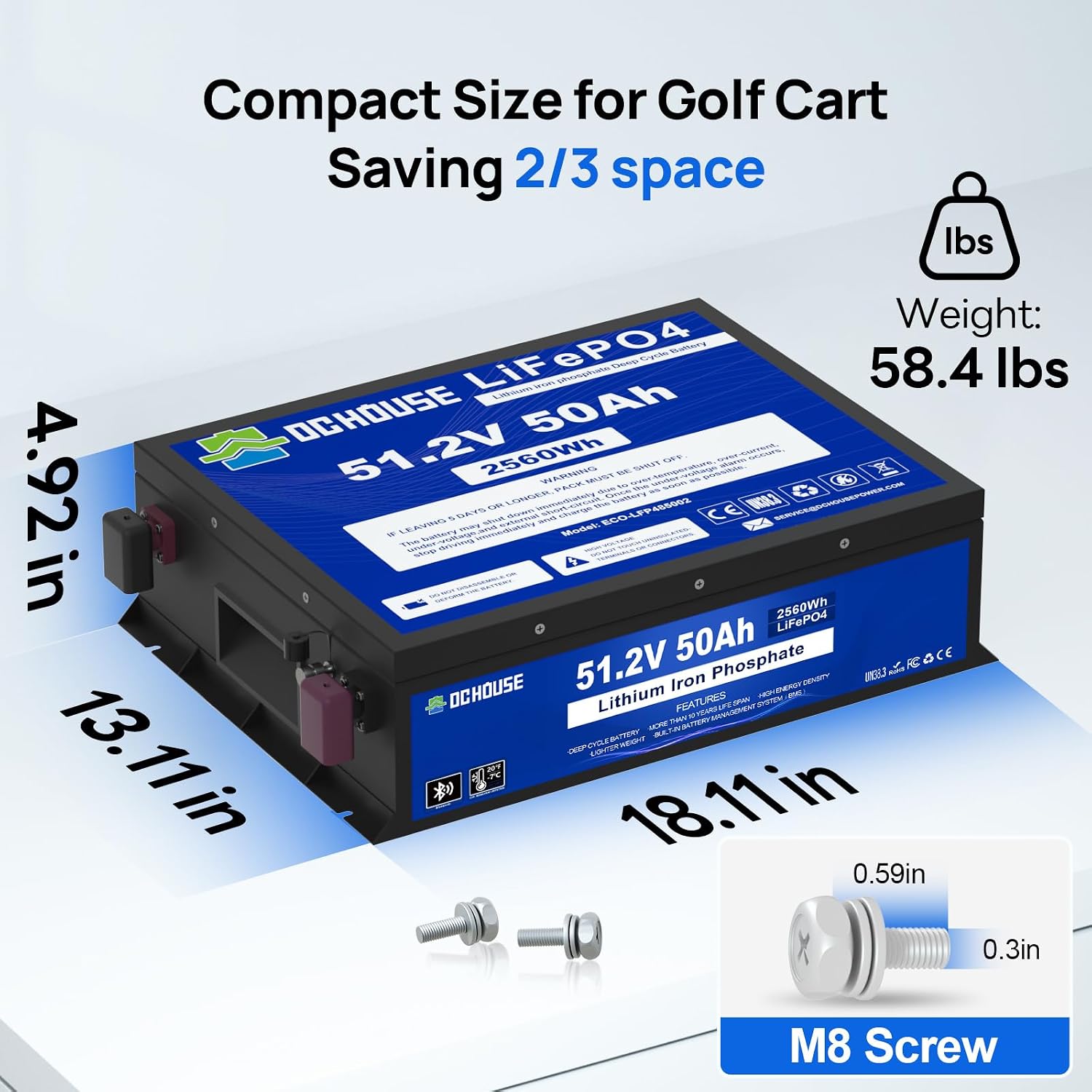 DC HOUSE 48V 50Ah LiFePO4 Golf Cart Battery, Built-in 100A BMS-2C,Bluetooth & Low Temp Cut-Off, Suitable for both Club car, Yamaha golf carts, Ryobi Mowers, Trolling Motor