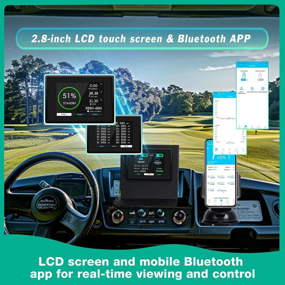 36V 105AH Lithium Golf Cart Battery with 2.8-inch LCD Touchscreen and 25A Fast Charger,Built-in Bluetooth and 200A BMS,Up to 6000+ Deep Cycle,Perfect for Golf Carts,Club Car,Lawnmower