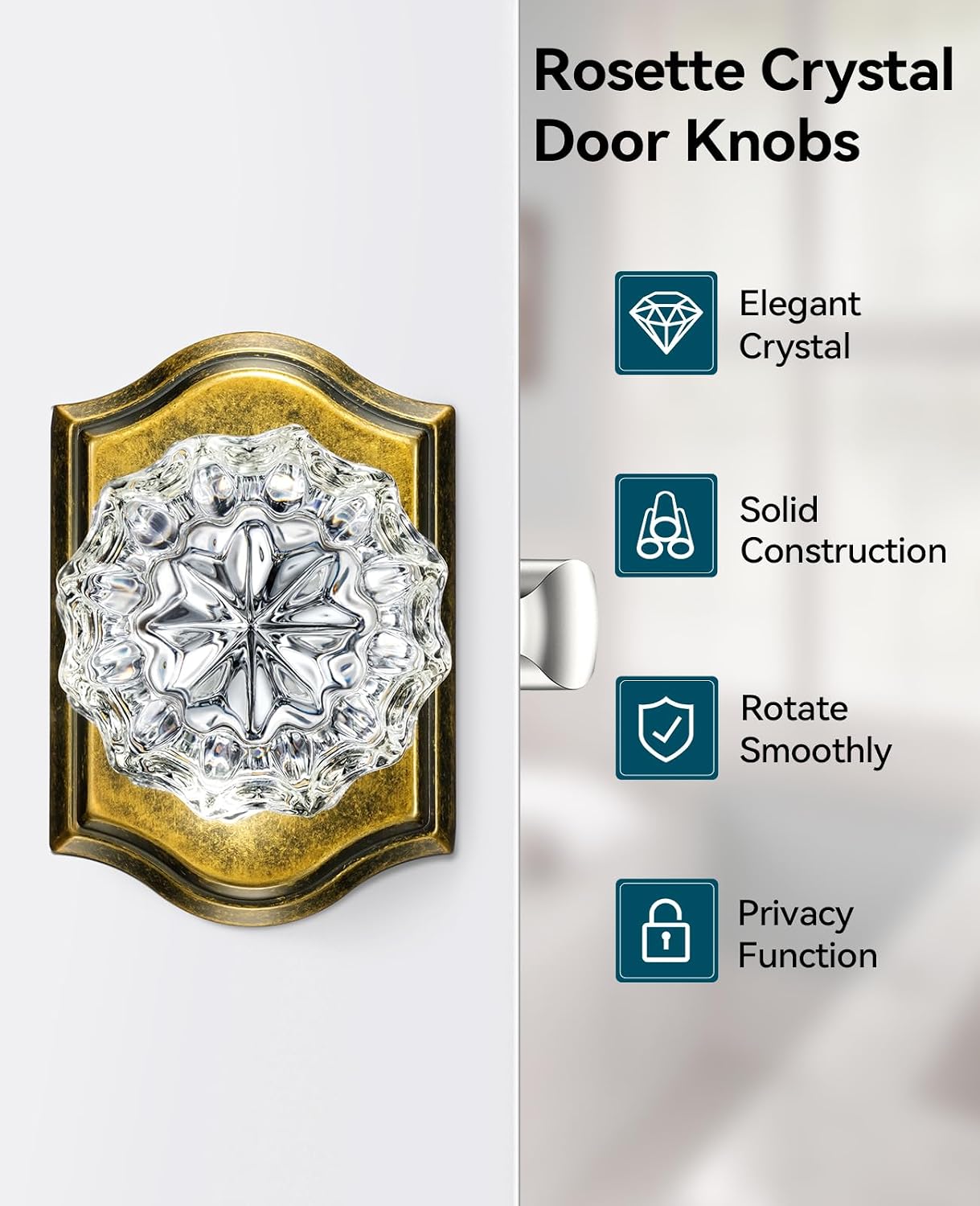 5 Pack Glass Crystal Door Knobs Interior, Aged Brass Crystal Door Knobs with Lock for Privacy Use, Antique Crystal Glass Doorknobs for Bedroom Bathroom Interior Doors