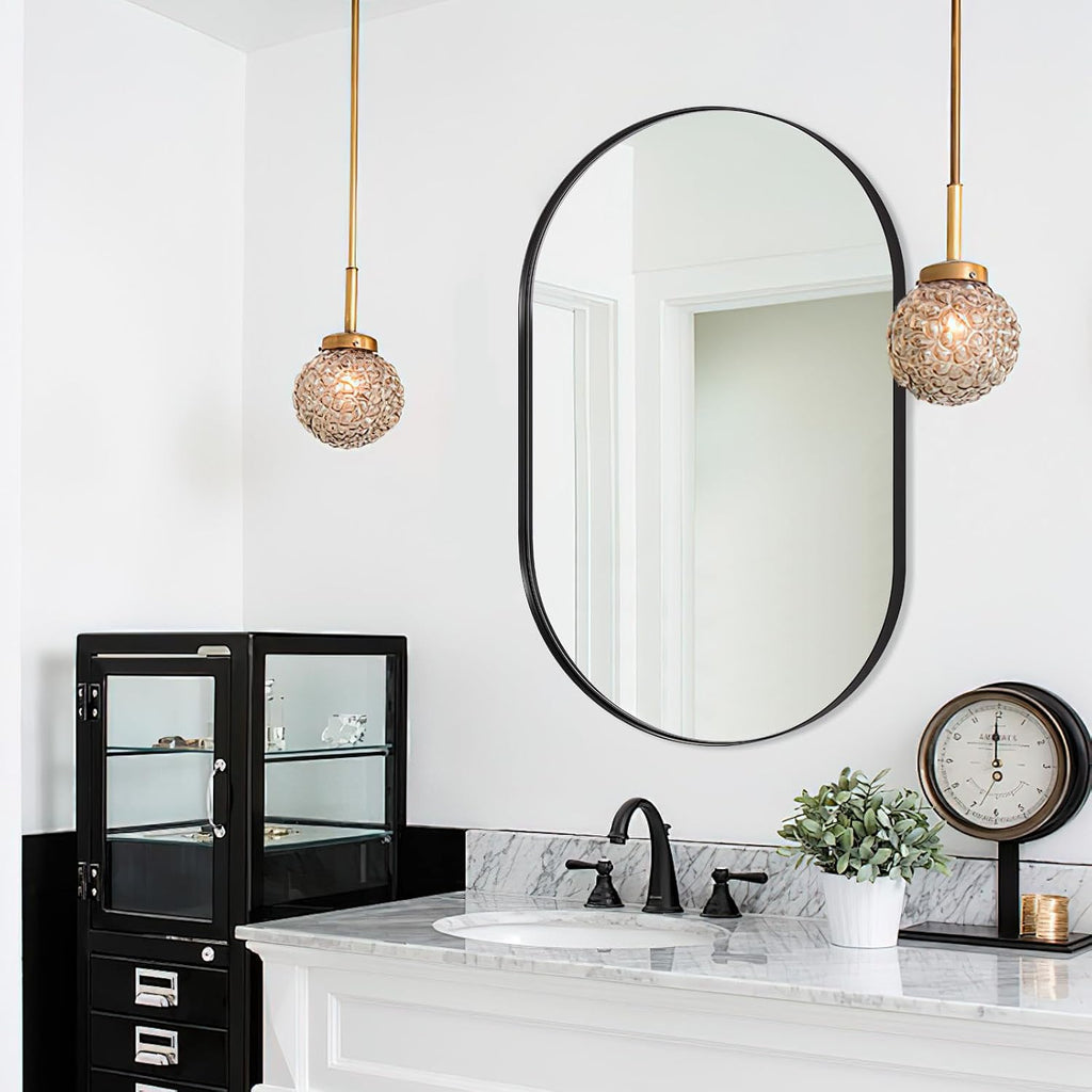 ANDY STAR Black Oval Mirror, 26x38'' Pill Shaped Mirror 1'' Deep Metal Frame Wall Mounted Vertically&Horizontally Ideal for Limited Space