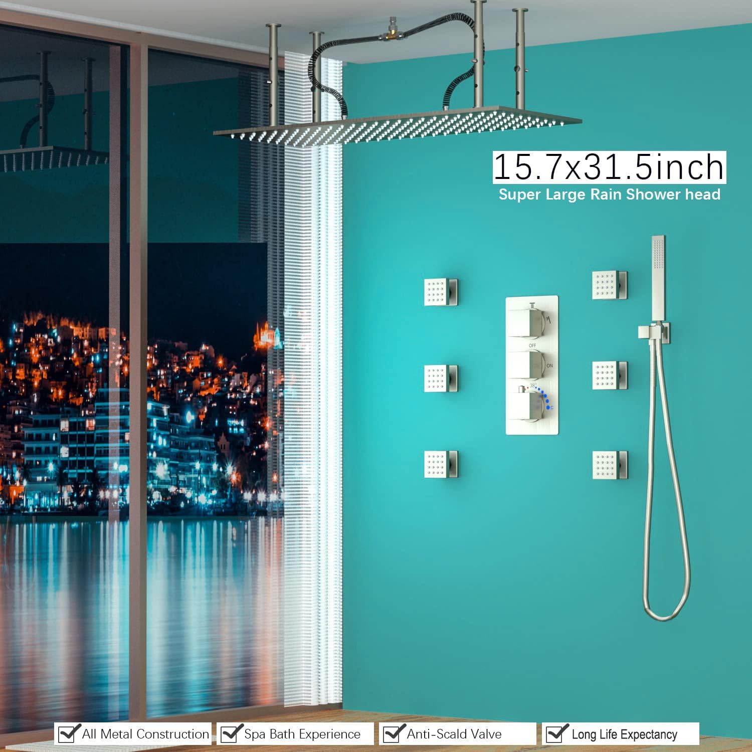 Luxury 15.7x31.5inch LED Rainfall Couples' Shower Multi Shower Head Thermostatic Shower System with Body Spray, Brushed Nickel