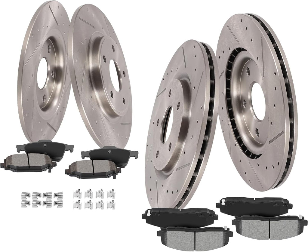 SCITOO Brake Kit For Chrysler For Town & Country 2012-2016,For Dodge Grand Caravan/For Journey 2012-2020 Front Rear Drilled & Slotted Disc Brake Rotor Semi Metallic Brake Pad 53068;53069;D1589;D1596