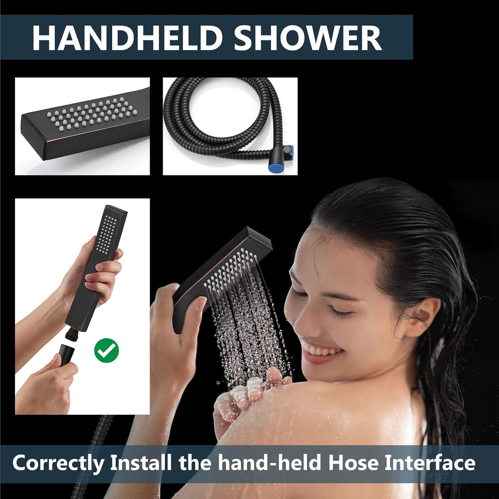 Aolemi Ceiling Mount Shower System Rain Shower Head with Handheld Spray High Pressure Shower Faucet Set Rough-in Valve Shower Trim Kit Included Bathroom Oil Rubbed Bronze 16 Inch Ceiling Shower Head