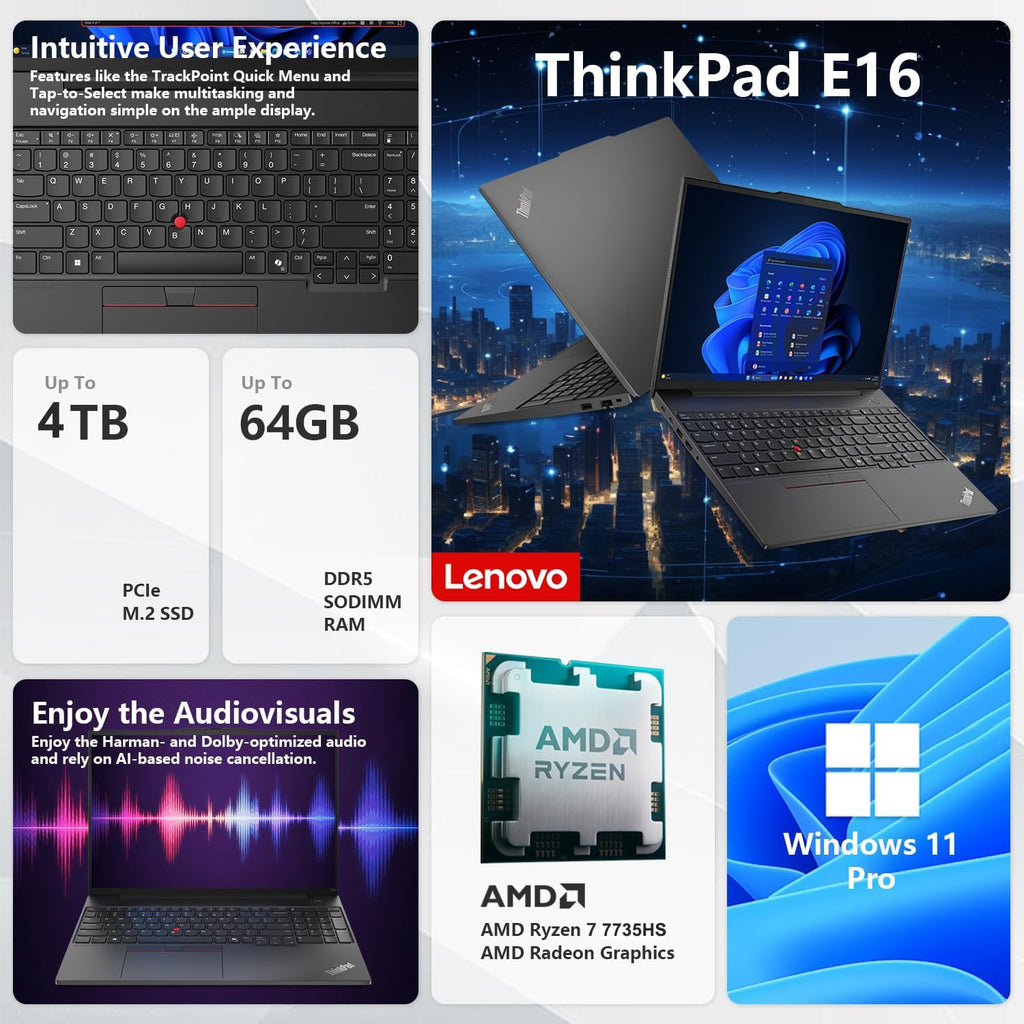 Lenovo ThinkPad E16 Gen 2 Business Laptop Computer, AMD Ryzen 7 7730U, 16GB DDR5 RAM, 1TB PCIe SSD, 16' FHD+, WiFi 6E, Backlit KB, Fingerprint Reader, Windows 11 Pro (Renewed)