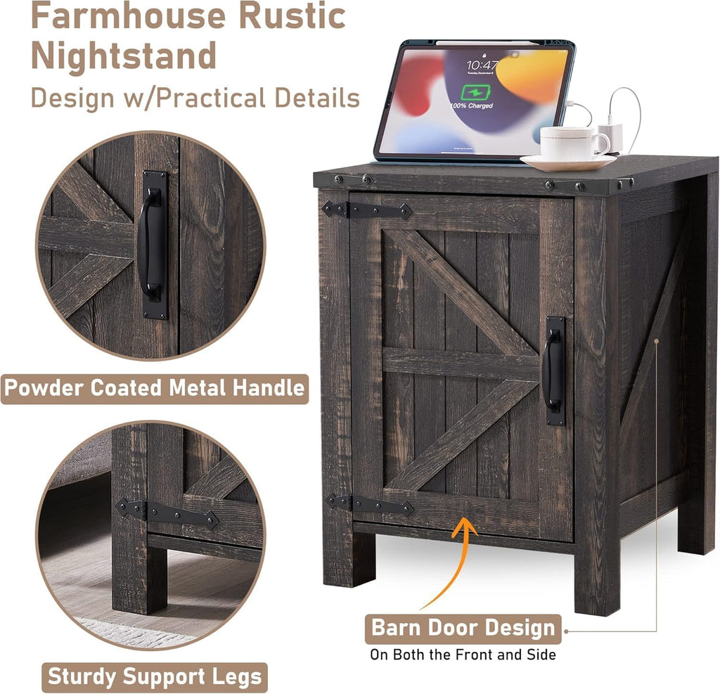 OKD Farmhouse Nightstand Set of 2, 18 Inch Rustic End Table with Charging Station, Barn Door, Adjustable Storage Shelf, Wood Sofa Side Table for Living Room, Bedroom, Dark Rustic Oak