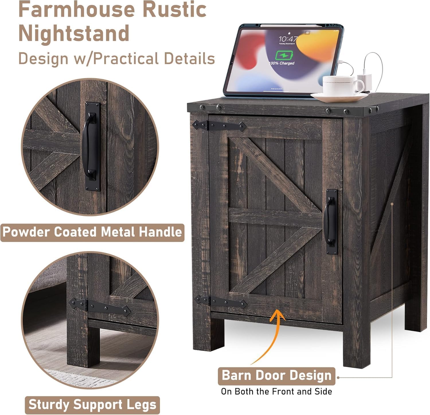 OKD Farmhouse Nightstand Set of 2, 18 Inch Rustic End Table with Charging Station, Barn Door, Adjustable Storage Shelf, Wood Sofa Side Table for Living Room, Bedroom, Dark Rustic Oak