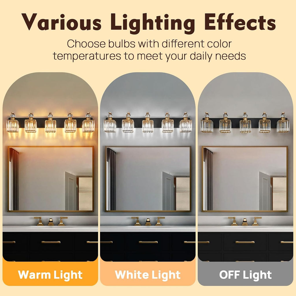 Modern Bathroom Vanity Light, 5-Light Black Gold Bathroom Lighting Fixtures Over Mirror, 36.3' Crystal Wall Light Sconce for Bathroom/Bedroom/Vanity, Includes LED Bulbs, Easy Installation