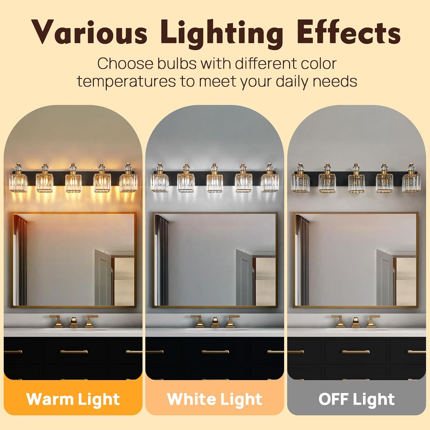 Modern Bathroom Vanity Light, 5-Light Black Gold Bathroom Lighting Fixtures Over Mirror, 36.3' Crystal Wall Light Sconce for Bathroom/Bedroom/Vanity, Includes LED Bulbs, Easy Installation