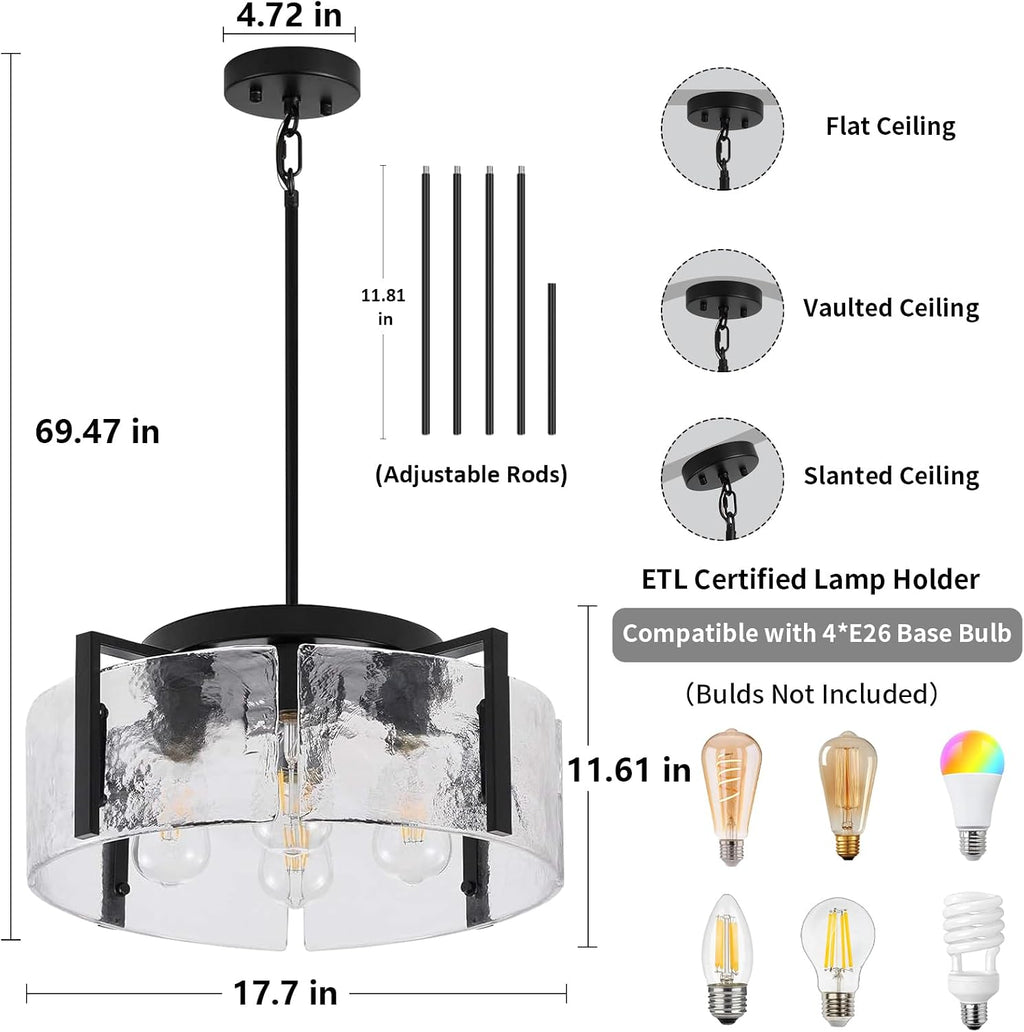 Black Dining Room Light Fixture, 4-Light Glass Drum Chandelier for Entryway, Farmhouse Kitchen Chandeliers Over Table Modern Lighting Fixtures for Hallway Foyer Living Room Bedroom
