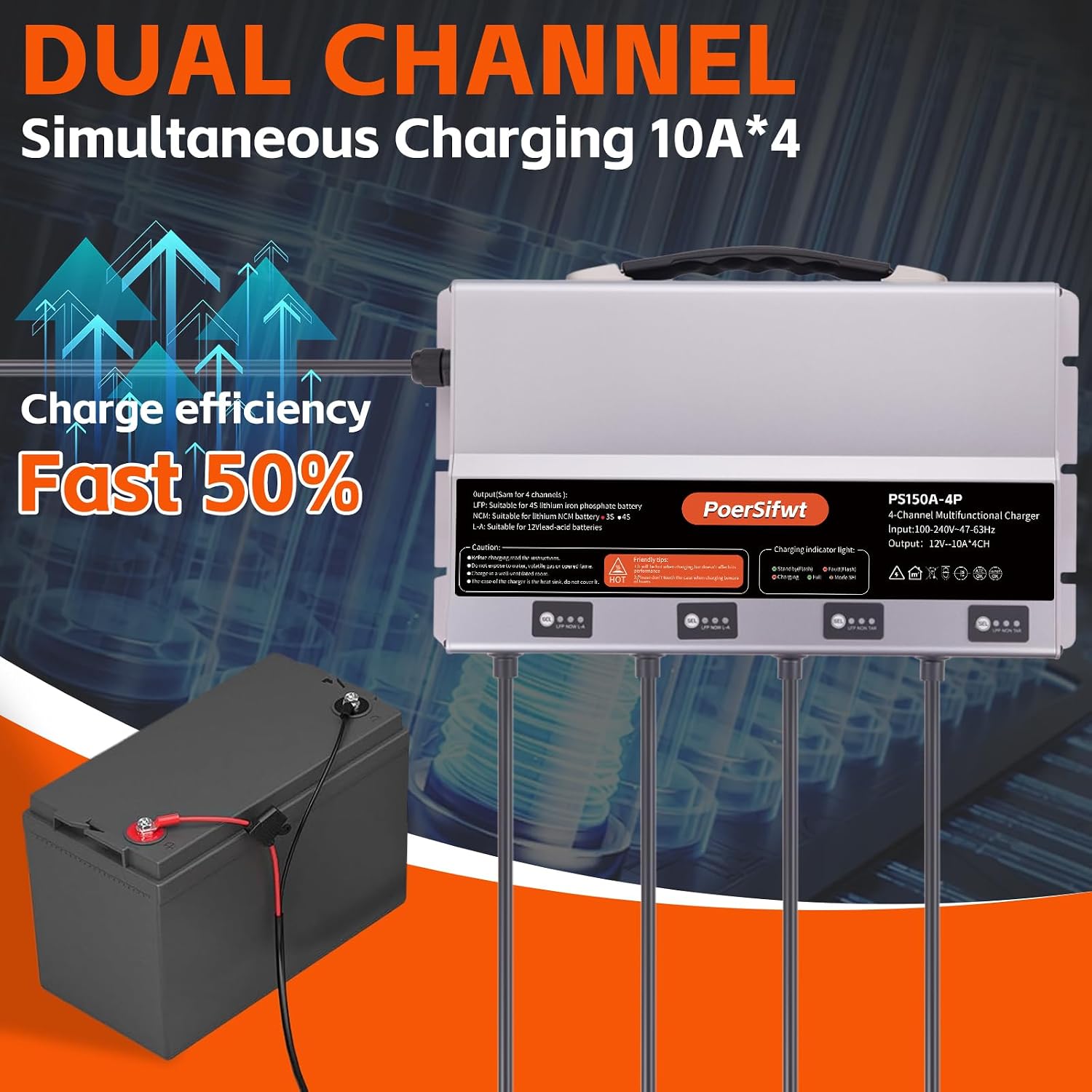 3 Bank 12V 10A Marine Battery Charger, Dual Output Smart Charger for LiFePO4, Lithium, Lead Acid Batteries, with 0V Start for Boat, RV, Trolling Motor, Lawn Mower (4-Channel Output)