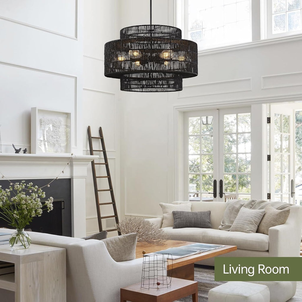 24' Black Boho Large Rattan Chandelier Light Fixture,6-Light Large Hand Woven Pendant Light Fixture Farmhouse Rustic Chandeliers for Kitchen Bedroom, Dining Room, Living Room, Hallway, Foyer