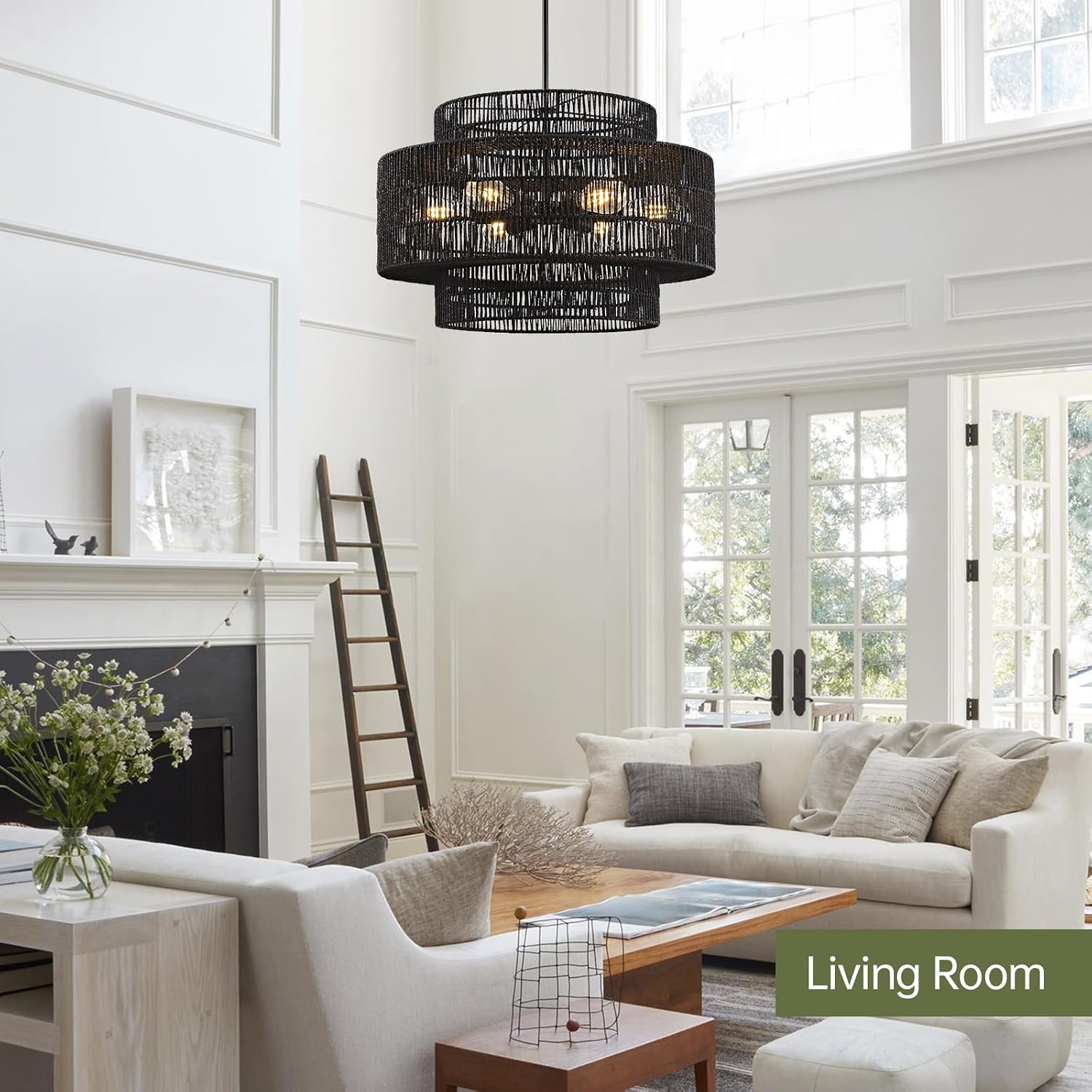 24' Black Boho Large Rattan Chandelier Light Fixture,6-Light Large Hand Woven Pendant Light Fixture Farmhouse Rustic Chandeliers for Kitchen Bedroom, Dining Room, Living Room, Hallway, Foyer