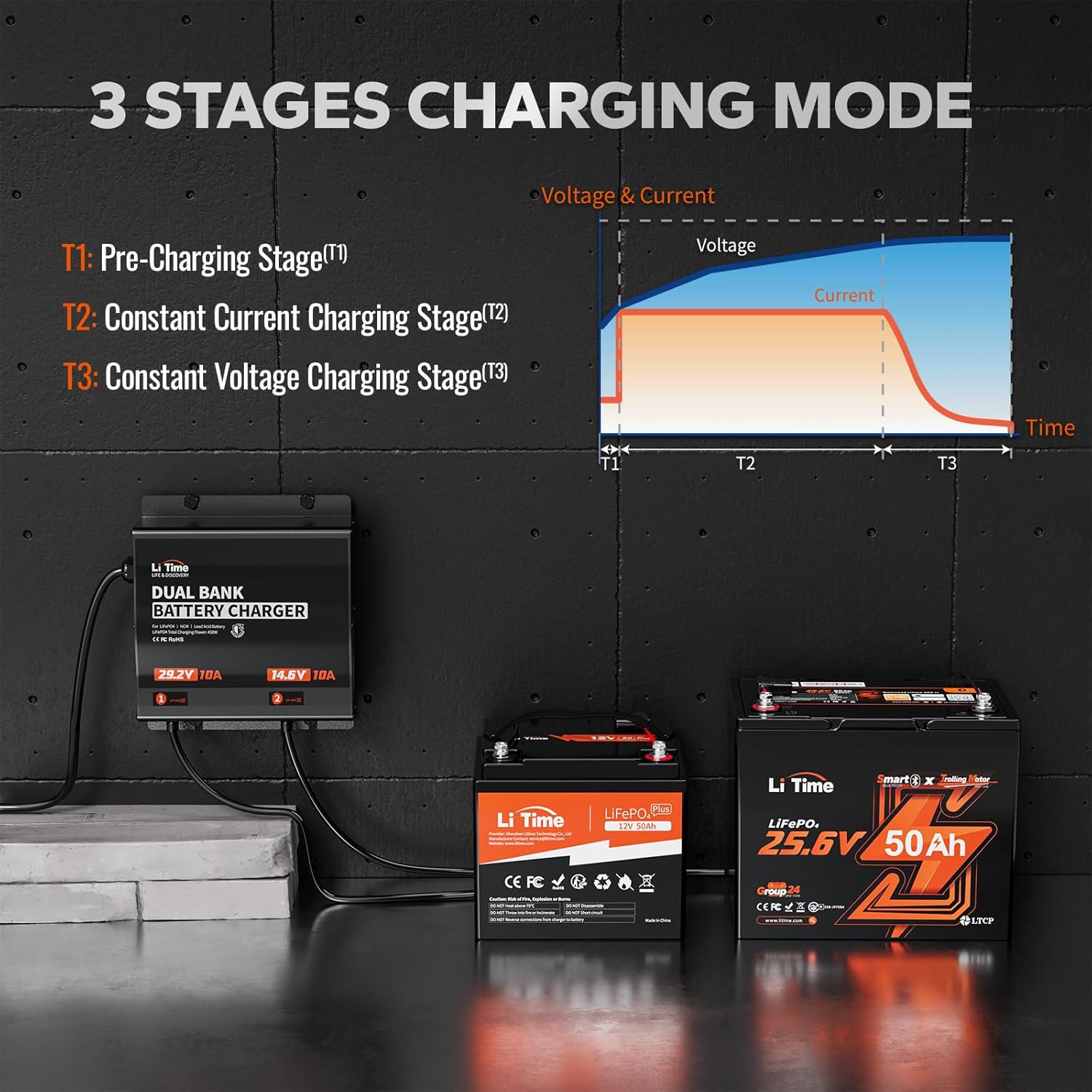 LiTime 2-Bank 12V 24V 10A Lithium Battery Charger, IP65 Waterproof AC DC Smart Charger for 12.8V/25.6V LiFePO4 Battery, with Adjustable Voltage & LED Indicator for Marine, Boat, and Trolling Motor