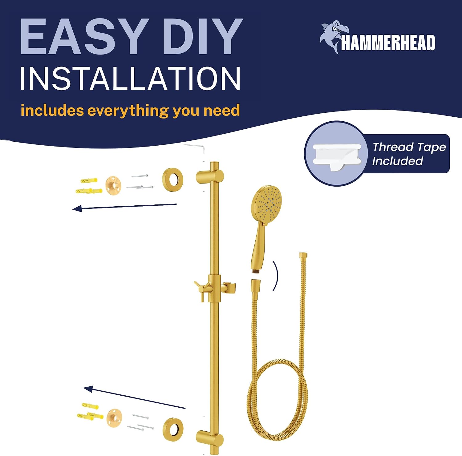 HammerHead Showers Solid Metal 27.5 Inch Shower Slide Bar with 3-Spray Handheld Shower Head with Long Hose and Holder, 1.75 GPM Low Flow Shower Head, Brushed Gold