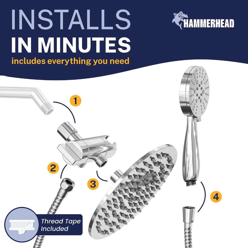 HammerHead Showers Dual Shower Head Combo, 8-Inch Rainfall & 3-Flow Handheld, Chrome, 1.75 GPM
