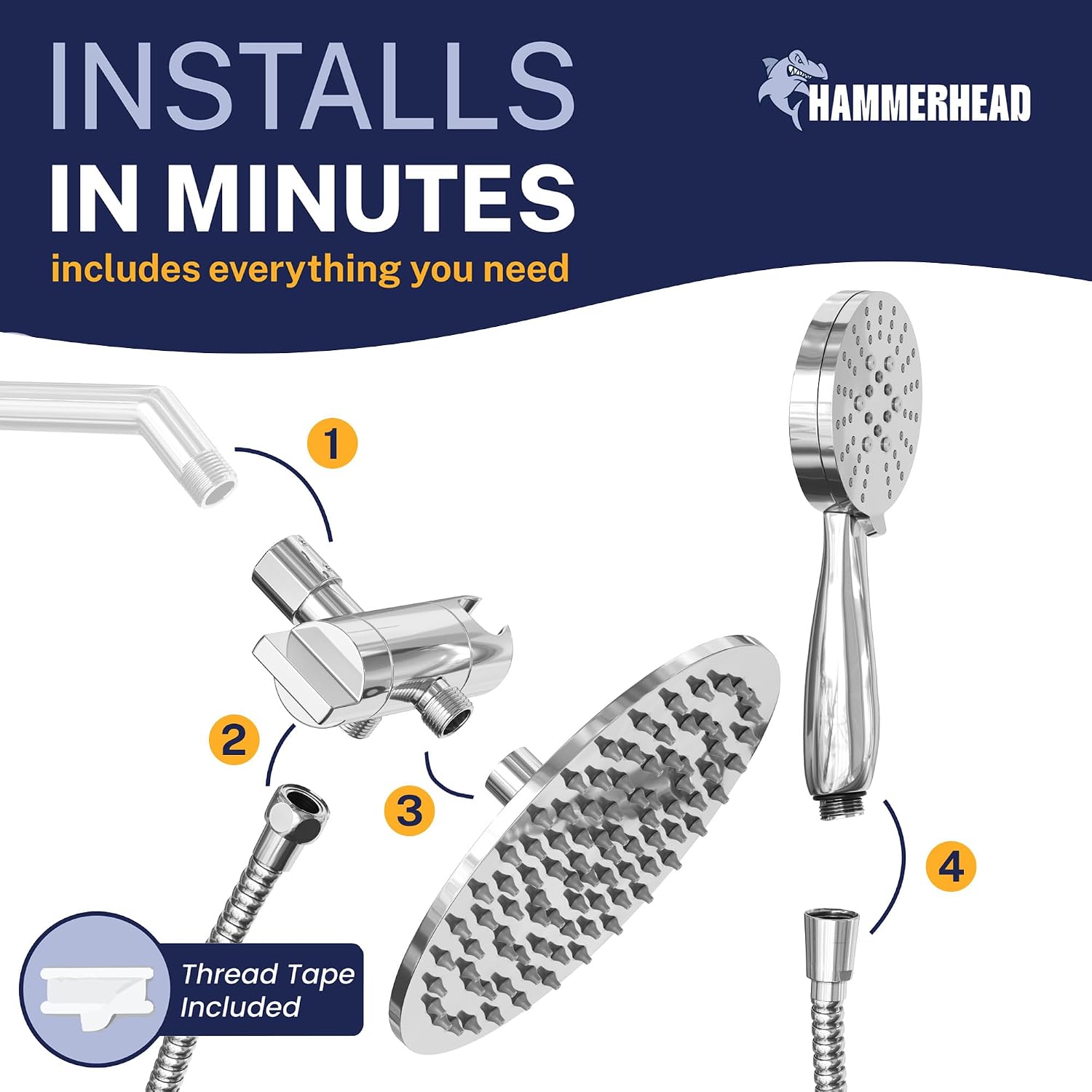 HammerHead Showers Dual Shower Head Combo, 8-Inch Rainfall & 3-Flow Handheld, Chrome, 1.75 GPM