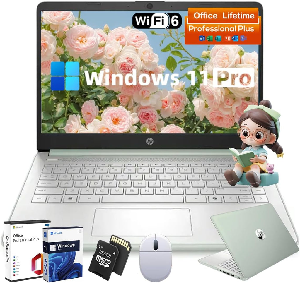 HP 14'' Business Laptop Computer - Windows 11 Pro & Microsoft Office Lifetime License, Intel Processor N150, 14 inch HD Laptop, AI-Powered, 12 Hr Batter (8GB RAM | 128GB UFS | 256GB Extend Micro SD)