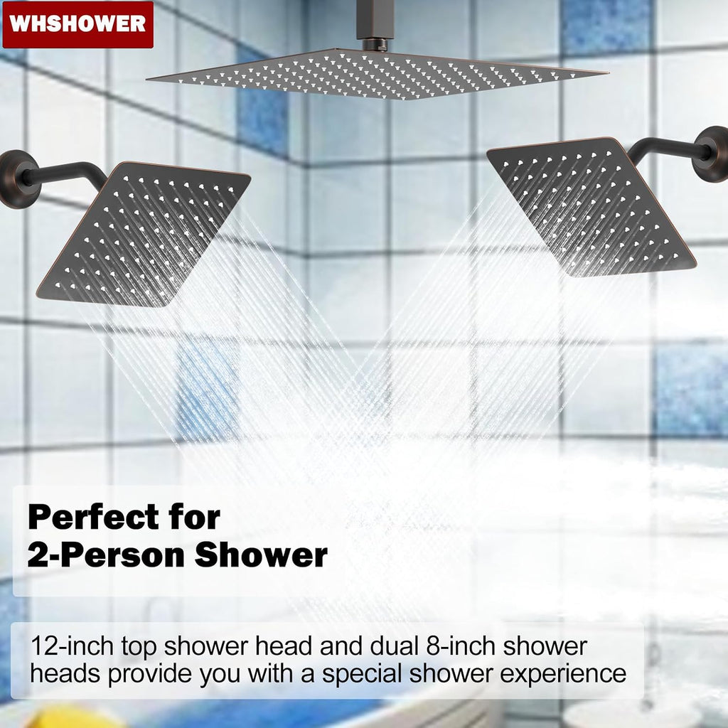 12'+8'+8' Triple Shower Heads Shower System Oil Rubbed Bronze Body Jets Shower Set with Handheld Sprayer and Temperature Display Valve,Full Body Shower System