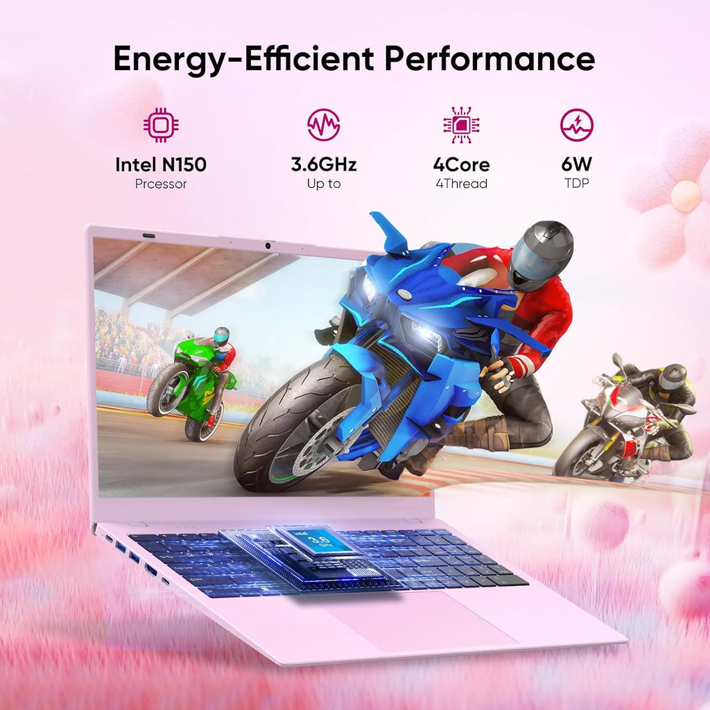 15.6' FHD Student Laptop Computer, 12GB DDR5, 512GB SSD, Quad-Core N150(Beat to i3-1115G4, Up to 3.6GHz), WiFi 6, Bluetooth 5.2, Pink