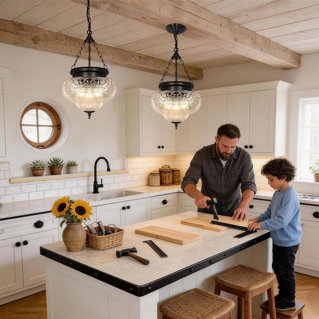 3-Light Matte Black Pendant Lights with 12In Floral Glass, Penant Lighting Fixture with Adjustable Chain, Vintage Pendant Lights Kitchen Island, Hanging Light Fixtures for Dining Room Entryway, E26*3
