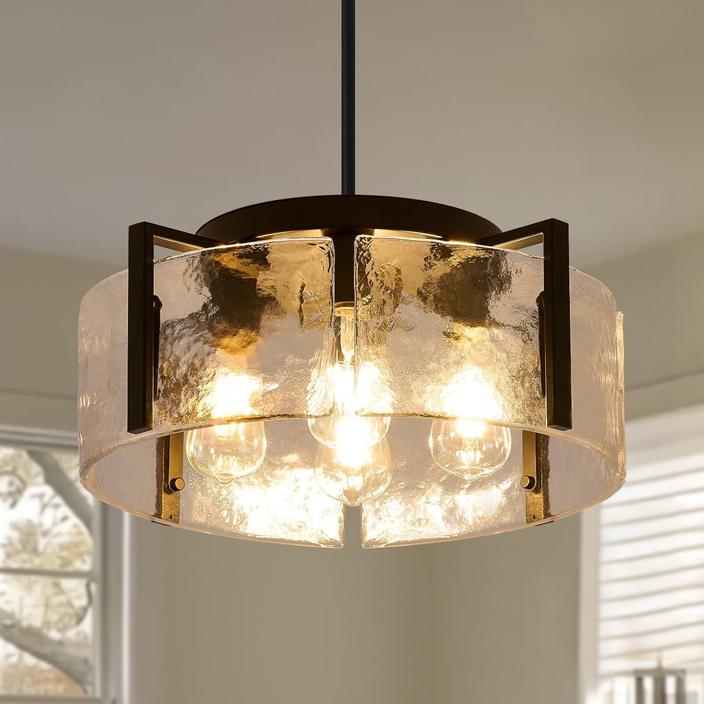Black Dining Room Light Fixture, 4-Light Glass Drum Chandelier for Entryway, Farmhouse Kitchen Chandeliers Over Table Modern Lighting Fixtures for Hallway Foyer Living Room Bedroom