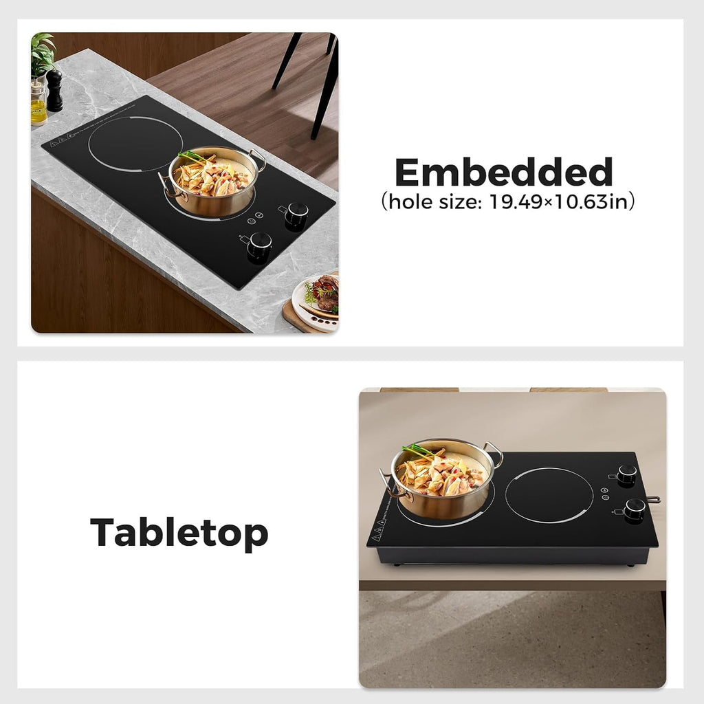 Electric Cooktop, 110-120V 2100W Electric Stove Top with Knob Control, 9 Power Levels, Lock & Timer,Built-in Radiant Double Induction Cooktop Stove for Home Dorm Office, Camping (Black)