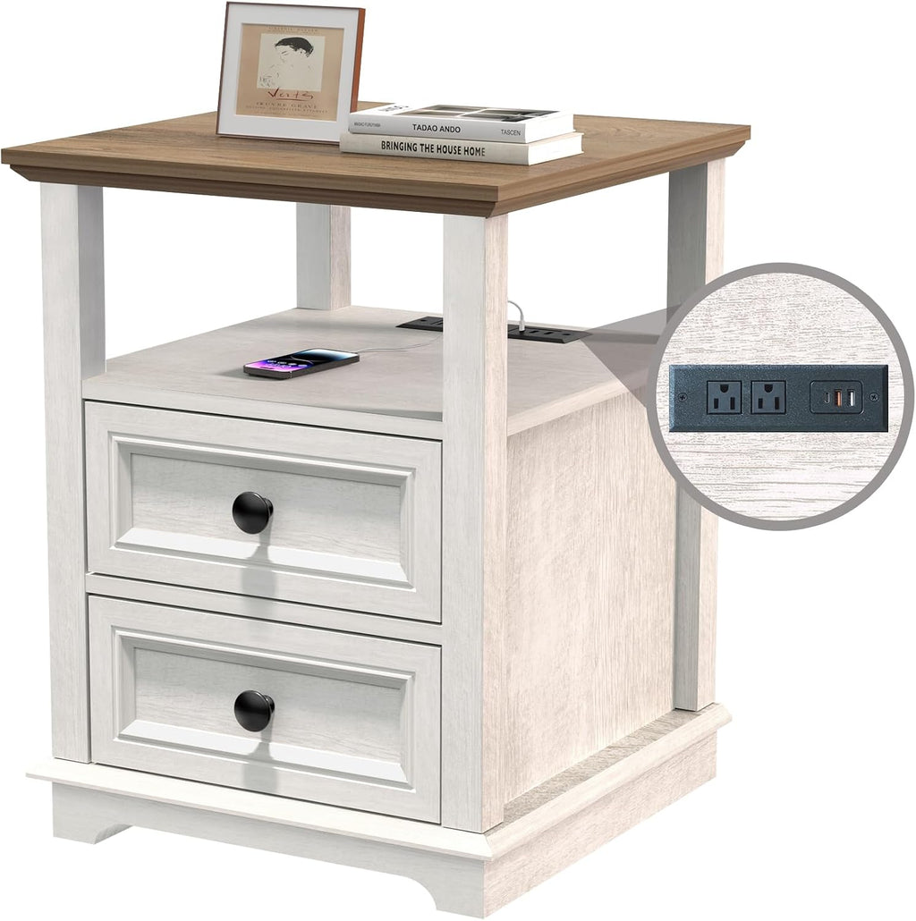 REDAYFUR End Table with Fast USB C Charging Station, 18' Wide Tall Sofa Side Table with 2 Drawers, Large Storage Rustic Wood Square Storage Cabinet for Living Room,Bedroom,Office, White