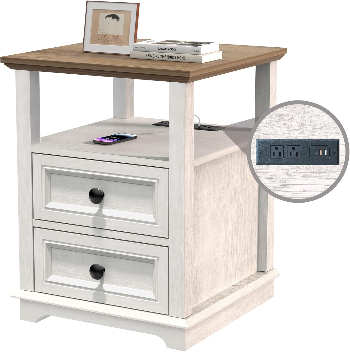 REDAYFUR End Table with Fast USB C Charging Station, 18' Wide Tall Sofa Side Table with 2 Drawers, Large Storage Rustic Wood Square Storage Cabinet for Living Room,Bedroom,Office, White