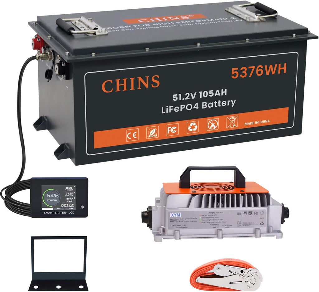 48V Lithium Golf Cart Battery, 200A BMS - 1000A Peak Current, with Touch Monitor & Mobile APP, 5000+ Cycles 48V 105AH Lithium Battery with 18A Charger, Perfect for Golf Carts, Solar