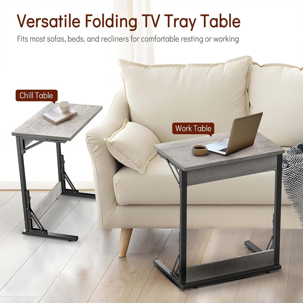 Tatub 24' TV Tray Table Set of 2, Folding C Shaped End Table, Small Sofa Side Laptop Desk for Living Room, Bedroom, Light Ivory