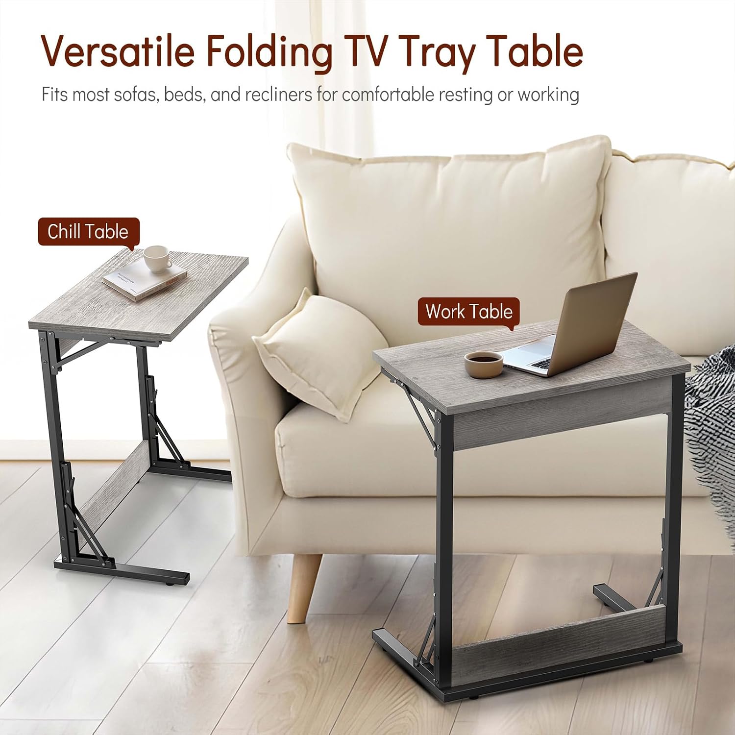 Tatub 24' TV Tray Table Set of 2, Folding C Shaped End Table, Small Sofa Side Laptop Desk for Living Room, Bedroom, Light Ivory