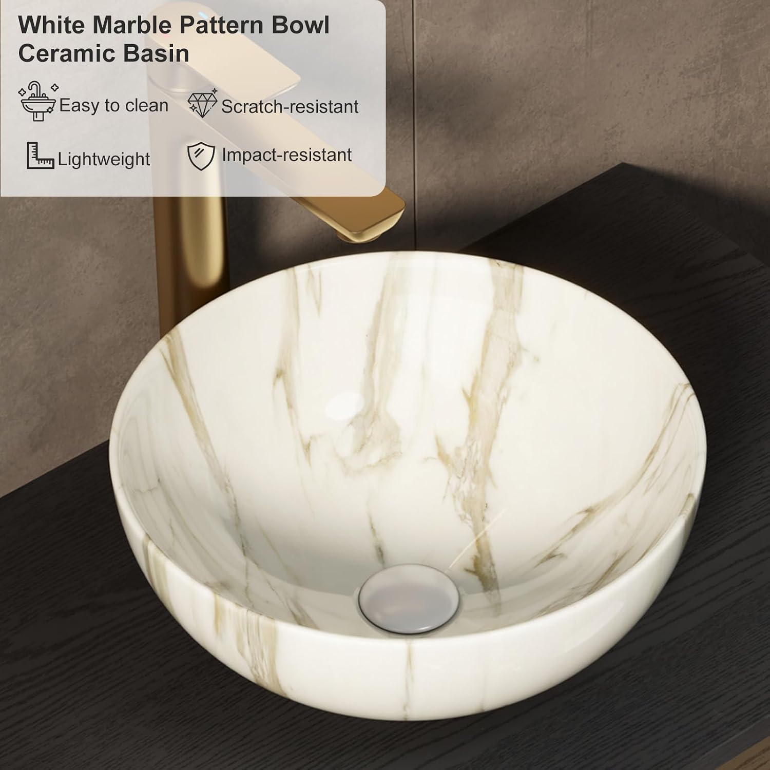 24' Floating Bathroom Vanity with Sink, Modern Bathroom Storage Cabinet with Ceramic Bowl Shape Basin and Marble Top, Large Storage Drawer, Soft-Close Design, Pre-Assembled, Dark Walnut