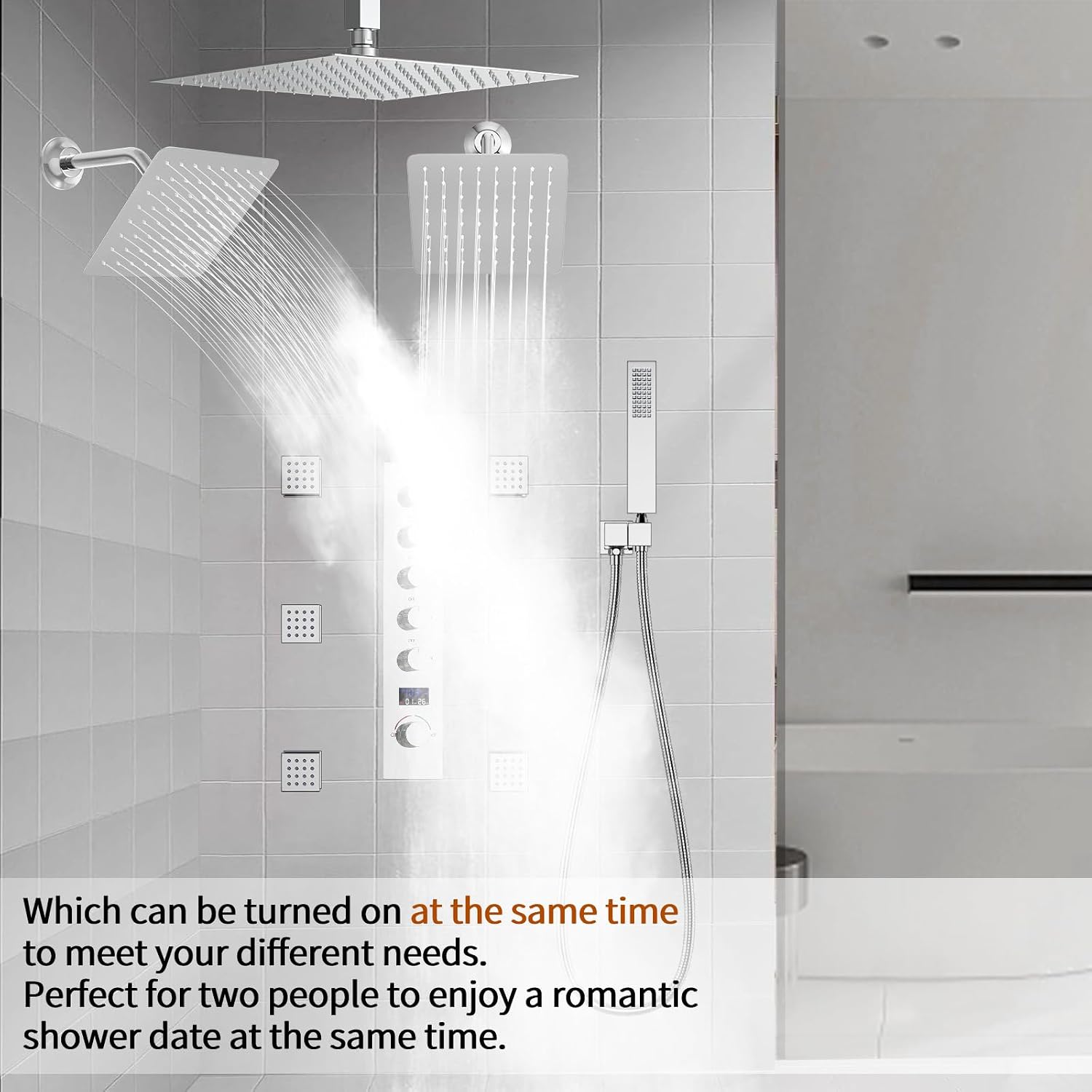 Triple Shower Head Shower System Chrome Full Body Shower System with Digital Display Shower Valve, 12'+8'+8' Three Top Shower Heads,Handheld Shower and Body Jets