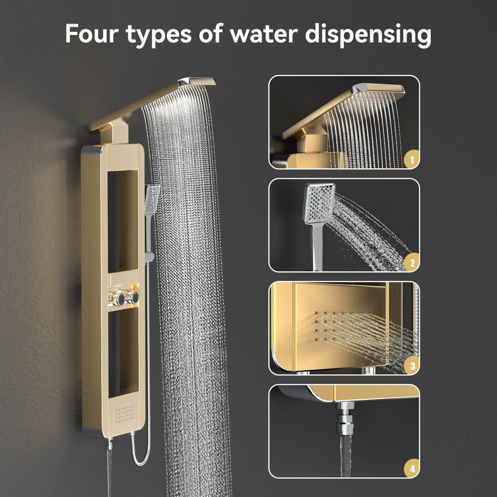 ELLO&ALLO Shower Panel Tower System with Shelf, Rainfall Shower Head and Rain Massage System with Body Jets, Stainless Steel Bathroom Fixtures, Brushed Gold&Chrome