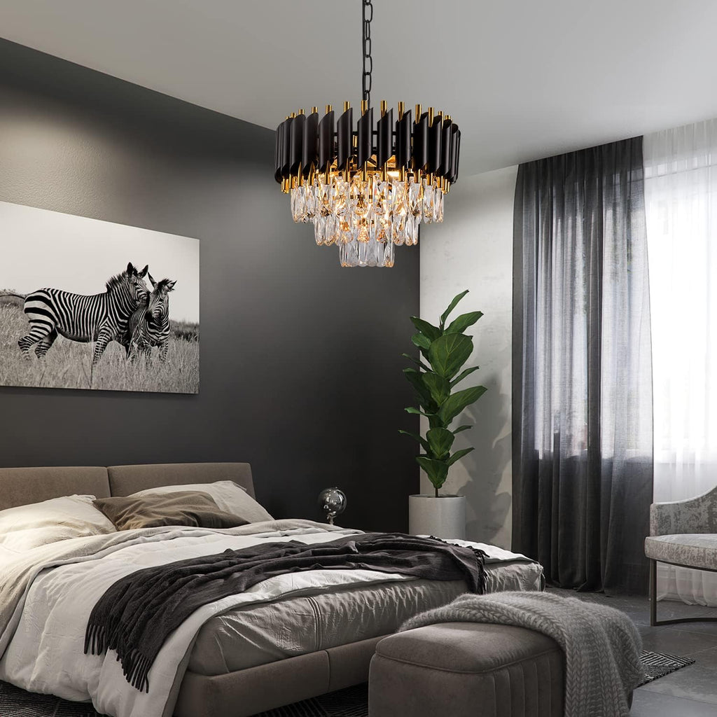 3-Tier Black Gold Crystal Chandelier 5-Light 15'' Modern Crystal Pendant Chandelier Ceiling Light Fixture Hanging Lighting for Kitchen Island Dining Room Foyer Entryway Bedroom