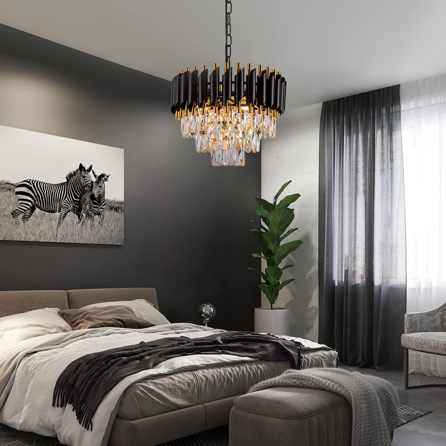 3-Tier Black Gold Crystal Chandelier 5-Light 15'' Modern Crystal Pendant Chandelier Ceiling Light Fixture Hanging Lighting for Kitchen Island Dining Room Foyer Entryway Bedroom