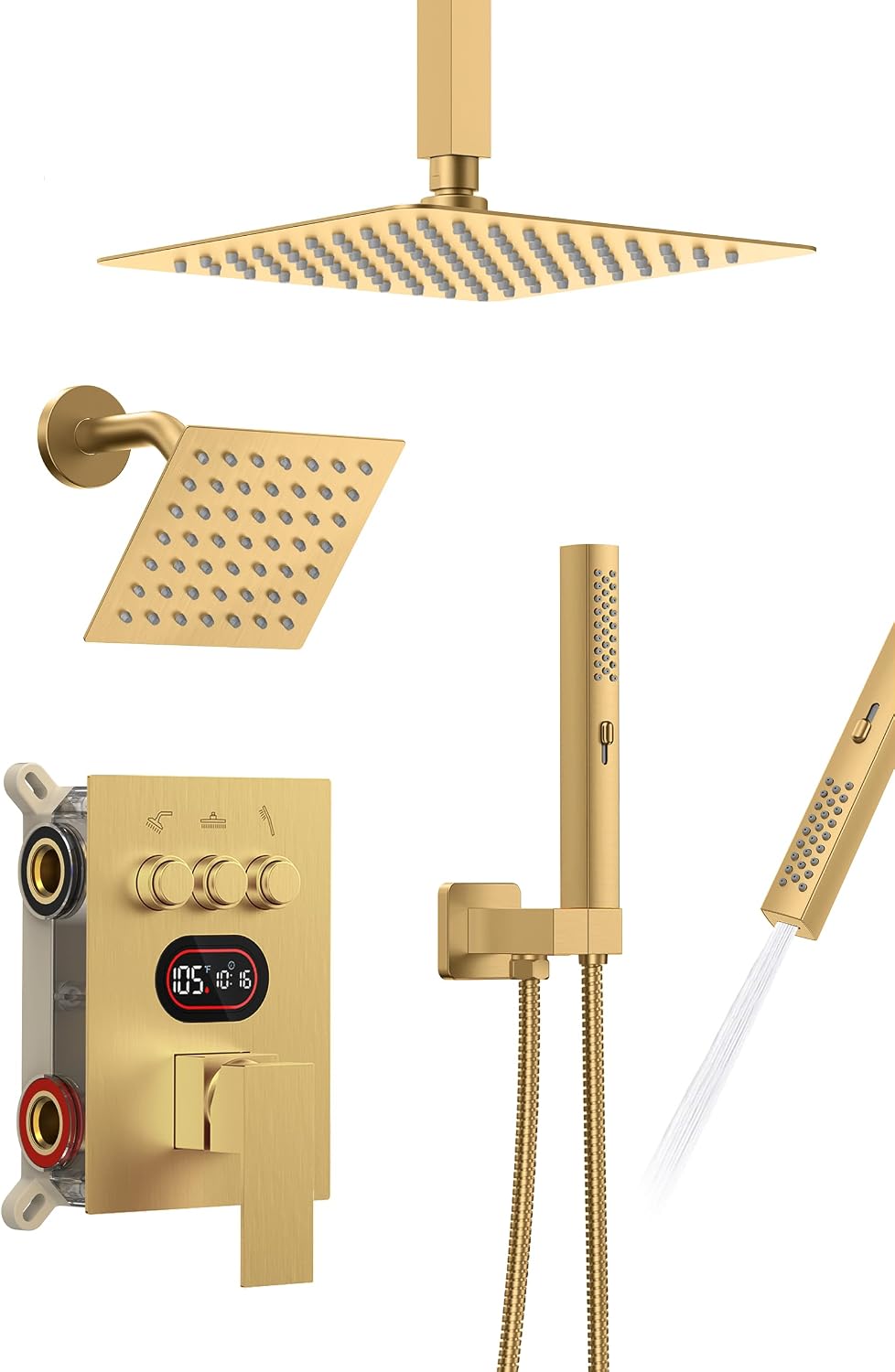 Push Button Diverter Shower Faucet Set Hydro Power Temperature Display, Shower System Ceiling Mounted 10' & Wall Mounted 6' Shower Head with 3-Spary Handheld, Brushed Gold