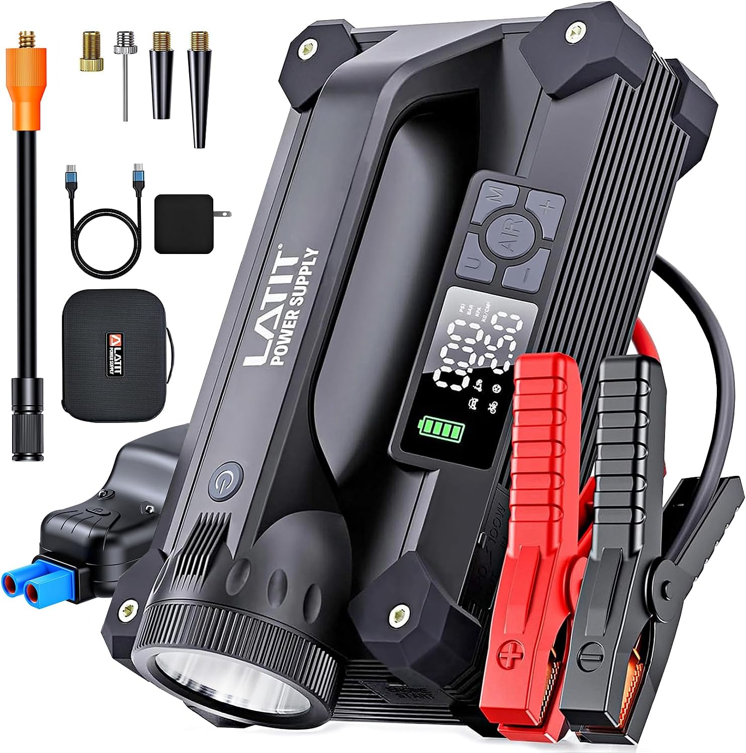 LATIT 6000A Jump Starter with Air Compressor 65W Fast Charging, 28000mah 150PSI Tire Inflator, 12V Jump Box Portable for 10L Gas/8L Diesel Engine, Jump Pack with Jumper Cables, Lights 2000LM