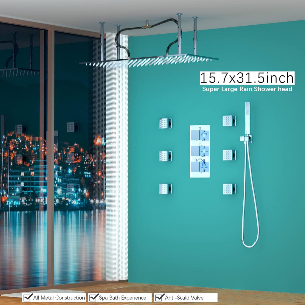 Luxury 15.7x31.5inch LED Rainfall Shower Multi Shower Head Thermostatic Shower System with Body Spray, Chrome