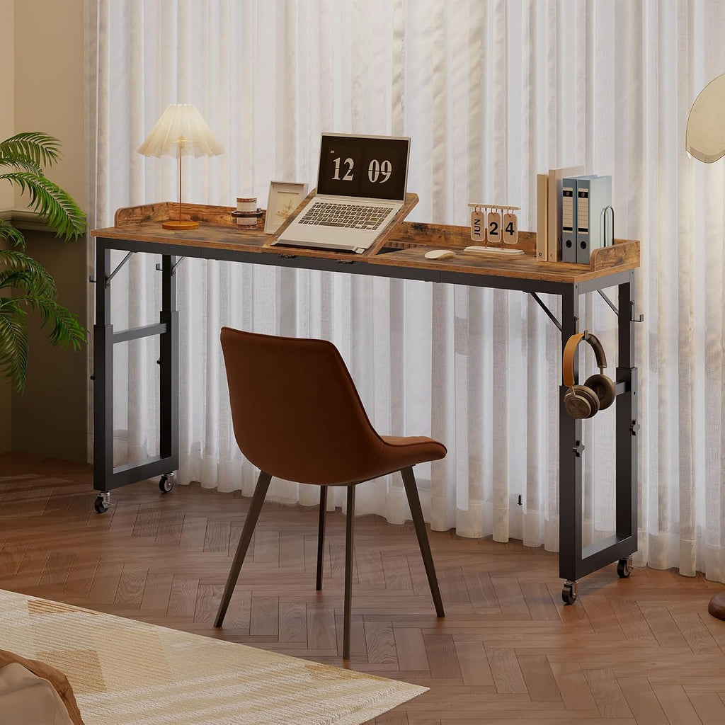 Overbed Table with Wheels, Queen Size Mobile Bed Desk with Adjustable Height, Computer Desk with Tilt Stand, Rolling Laptop Table, Recliner Desk for Home, Office, Hospital, Rustic Brown MTHR18101