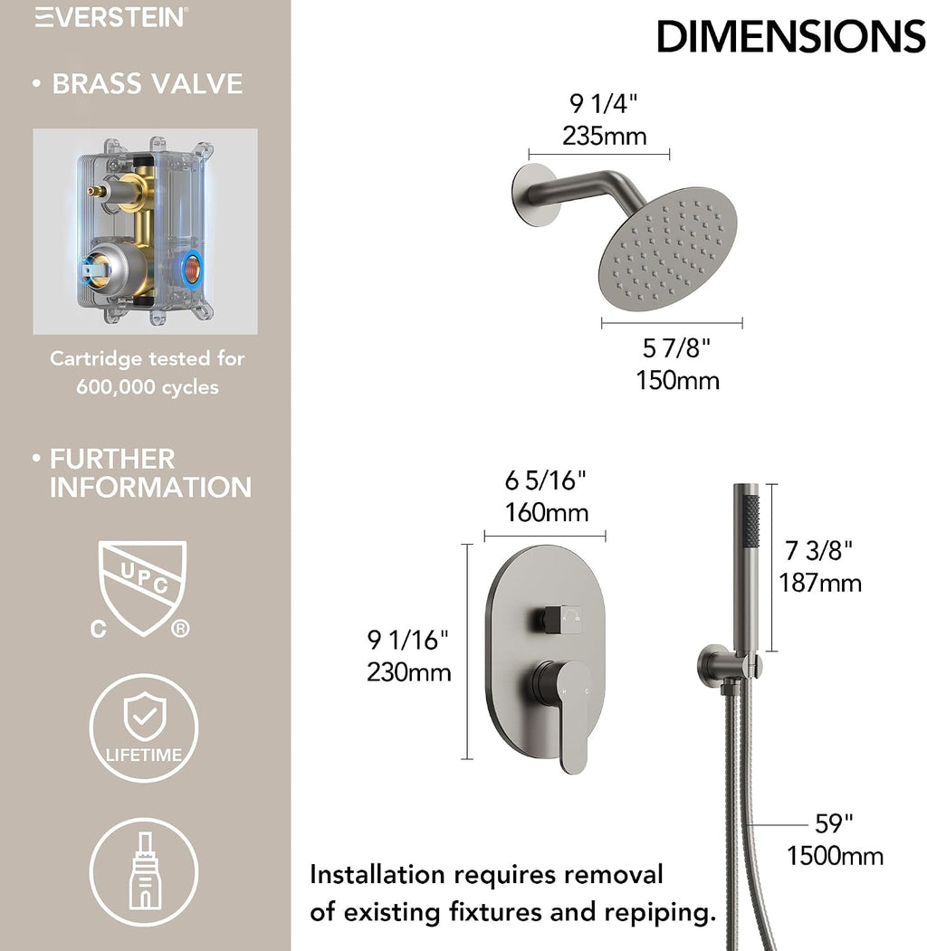 6' High-Pressure Shower System with Handheld Spray, Wall Mount Round Bathroom Shower Faucet Set with Valve (Brushed Nickel)